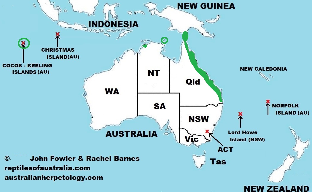 Approximate distribution of the Mourning Gecko (Lepidodactylus lugubris) in Australia and Australian Territories only 